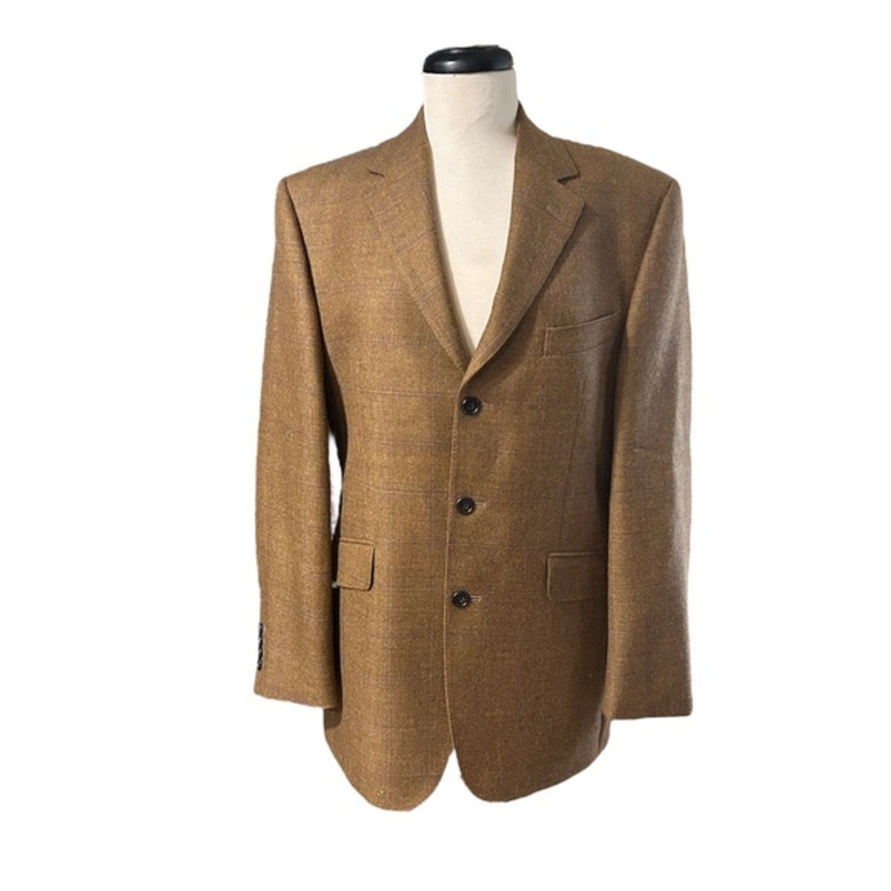 Aquascutum Plaid Window Pane Jacket Mens 40R 100% Wool Sport Coat Brown Neutral